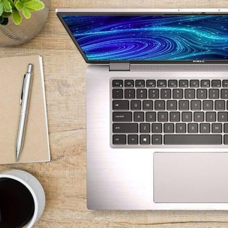 A topview of a laptop on a desk.