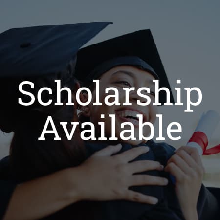 The words: Scholarship Available in front of two happy graduates hugging.