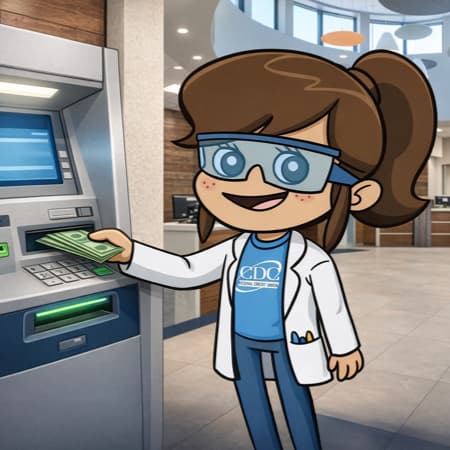 An illustration of the Next Generation Account mascot with cash at an ATM.