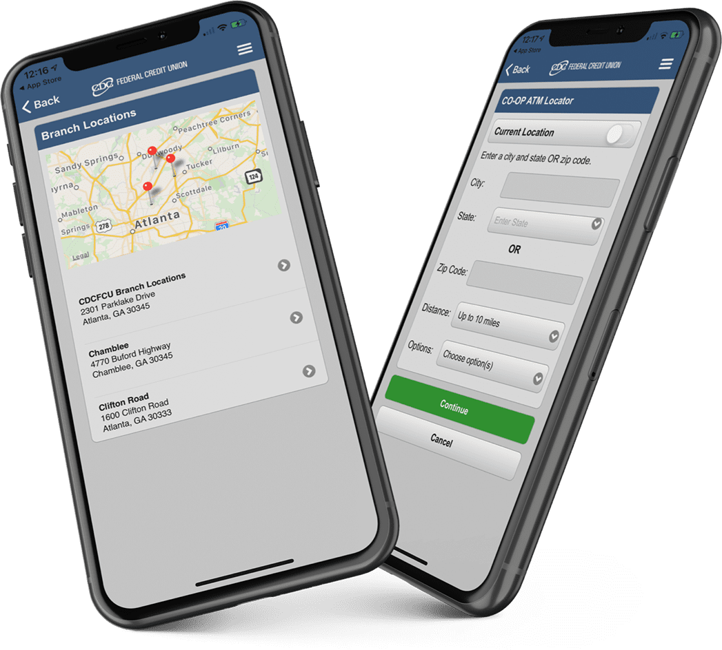 Two smartphones showing the CDC FCU mobile app.