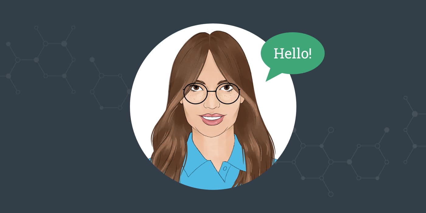 An illustration of Christina with a green calout containing the words hello.