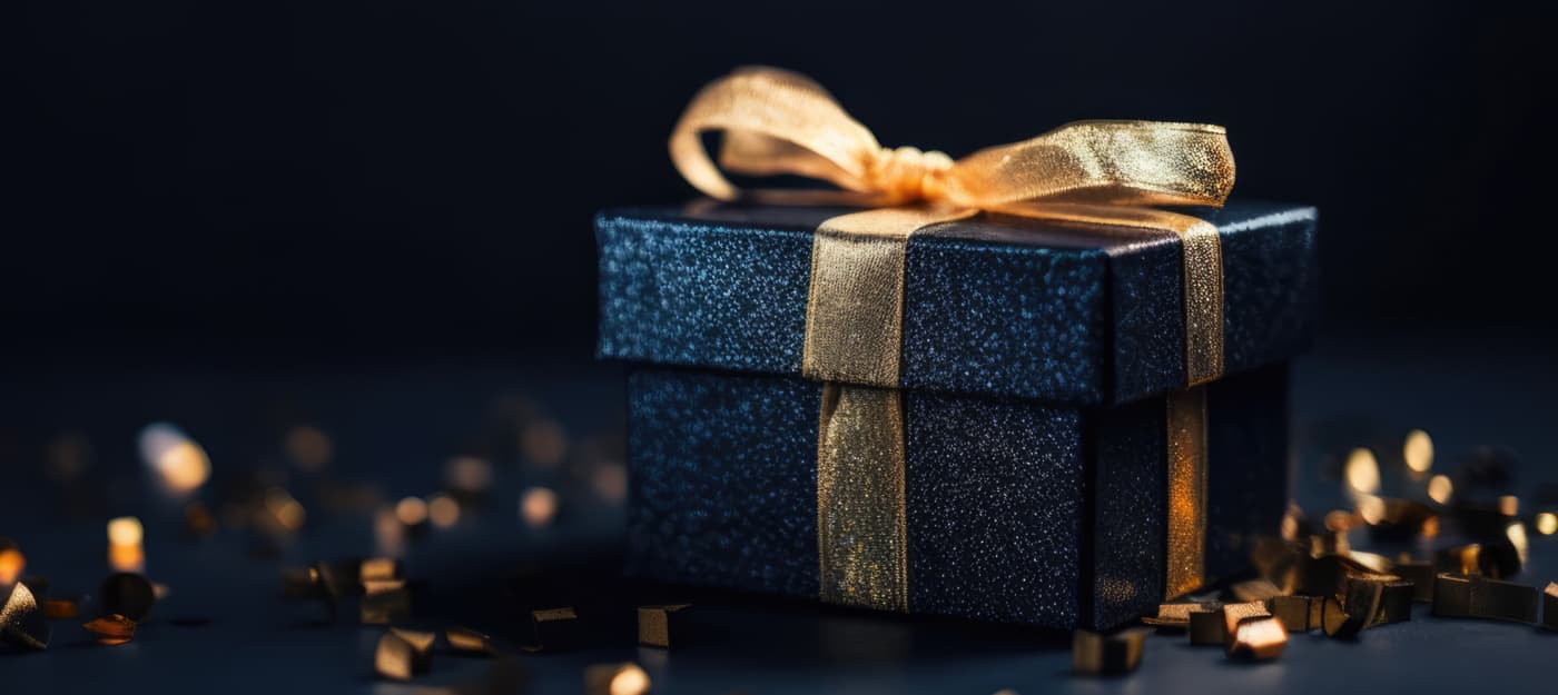 A beautifully wrapped navy box with a gold ribbon surrounded by gold confetti.