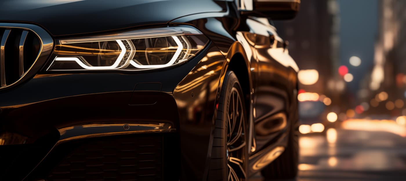 A close up of a black luxury vehicle in an urban setting at night.