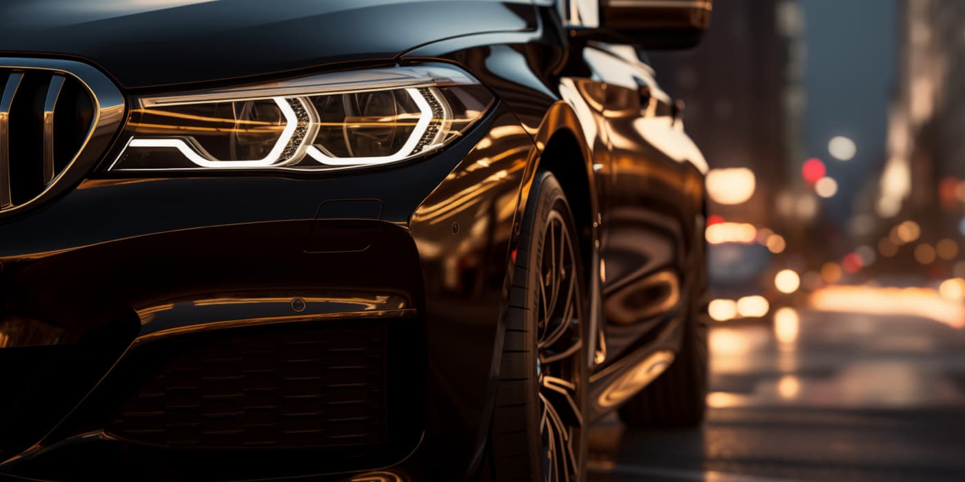 A close up of a black luxury vehicle in an urban setting at night.