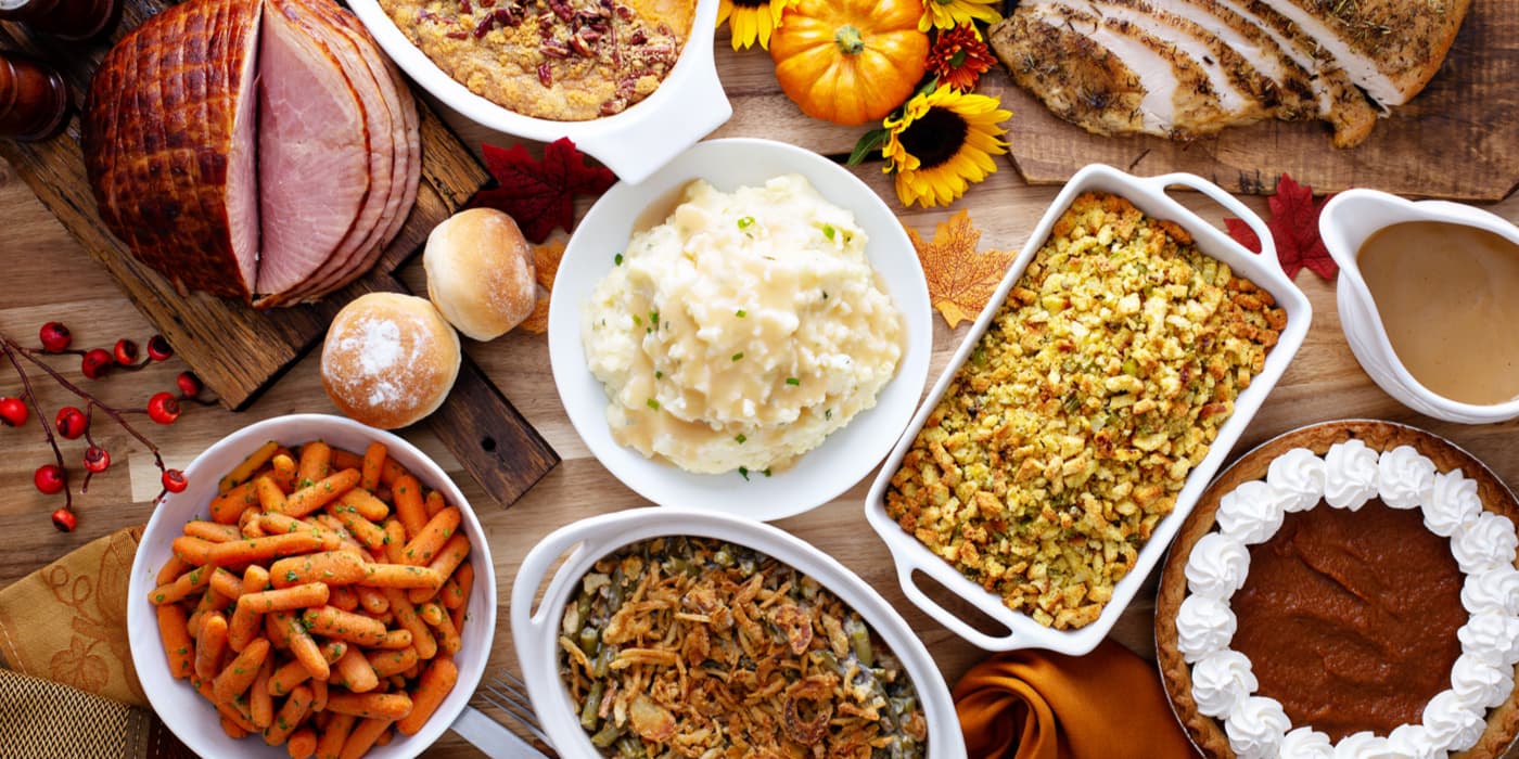 A top view of Thanksgiving platters.