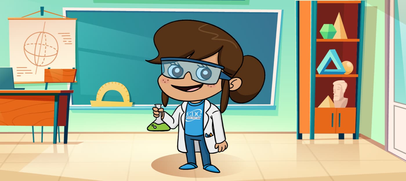 An illustrtion of the Next Generation Account mascot standing in front of a classroom.