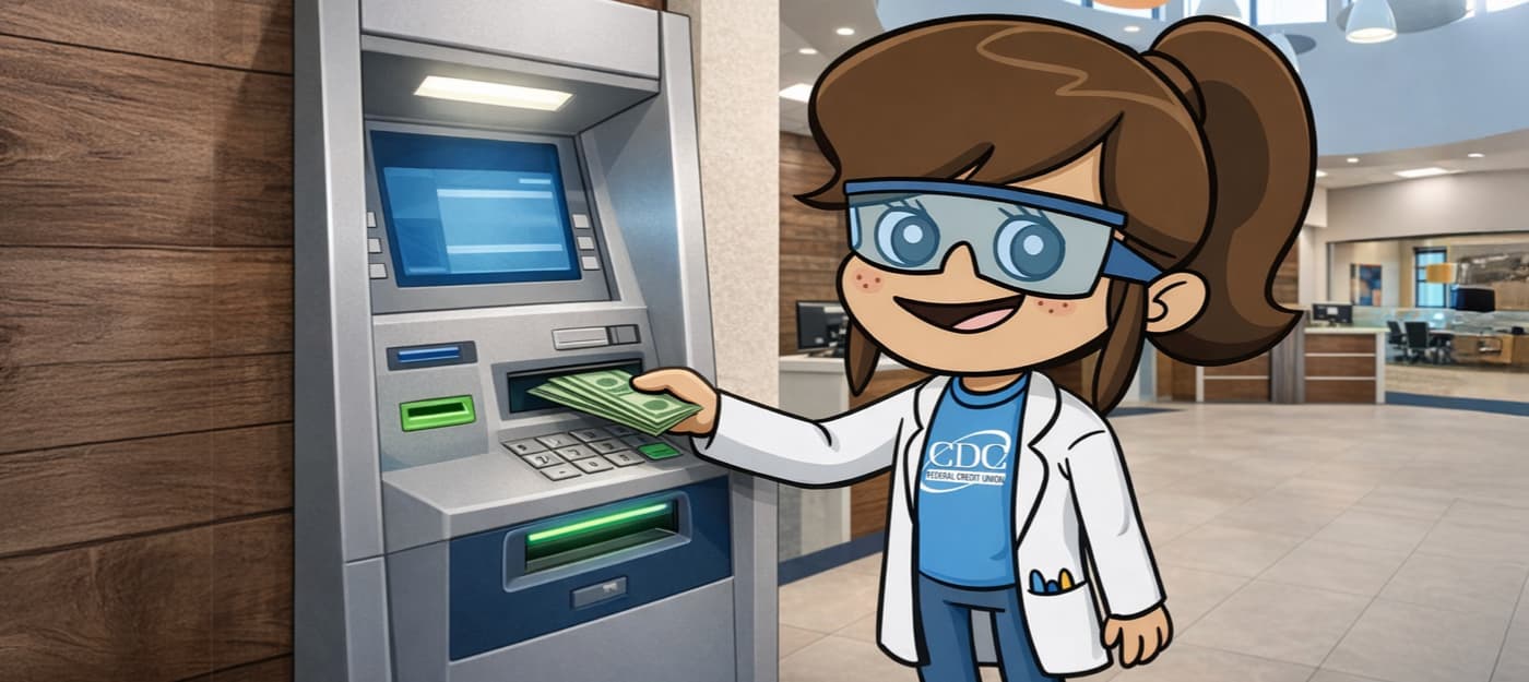 An illustration of the Next Generation Account mascot with cash at an ATM.