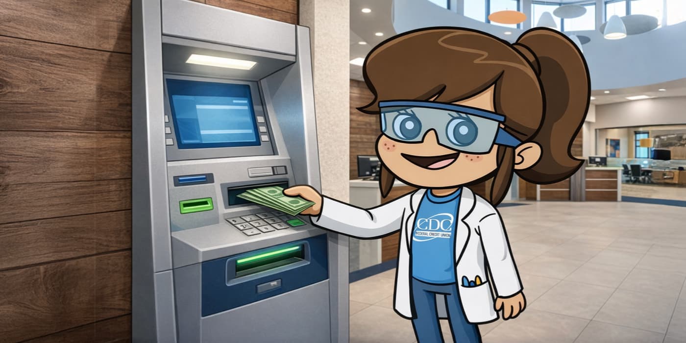 An illustration of the Next Generation Account mascot with cash at an ATM.