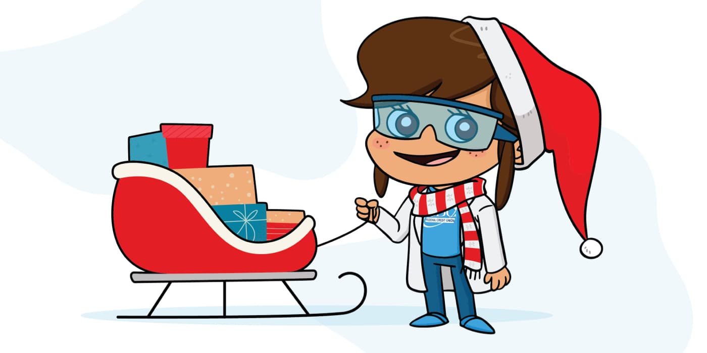 An illustrtion of the Next Generation Youth Account mascot with a sleigh full of gifts.